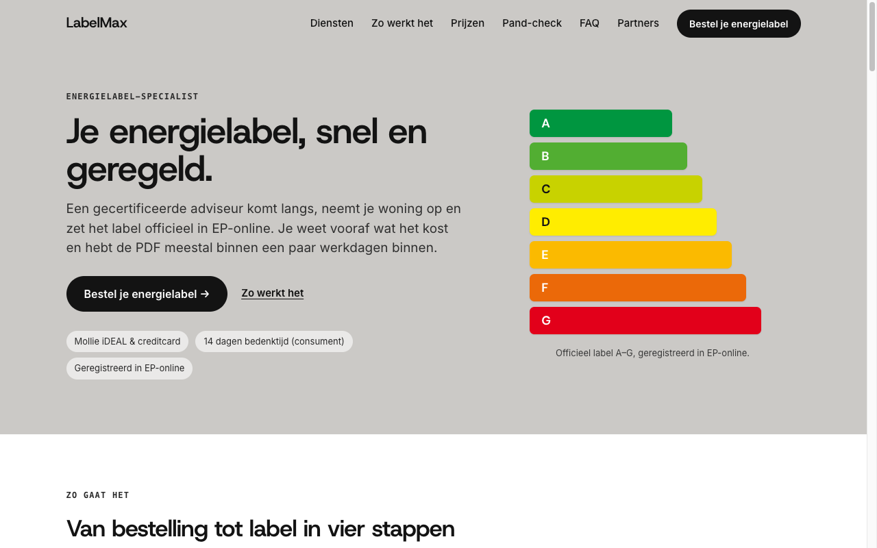 Screenshot van de live energielabel-bestelflow